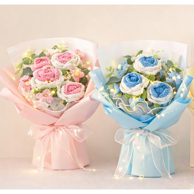 台灣現貨【針織玫瑰花束】30cm毛線編織花束 生日情人節送禮拍照花束 告白驚喜居家裝飾花禮 情人節花束 送女友 生日禮物