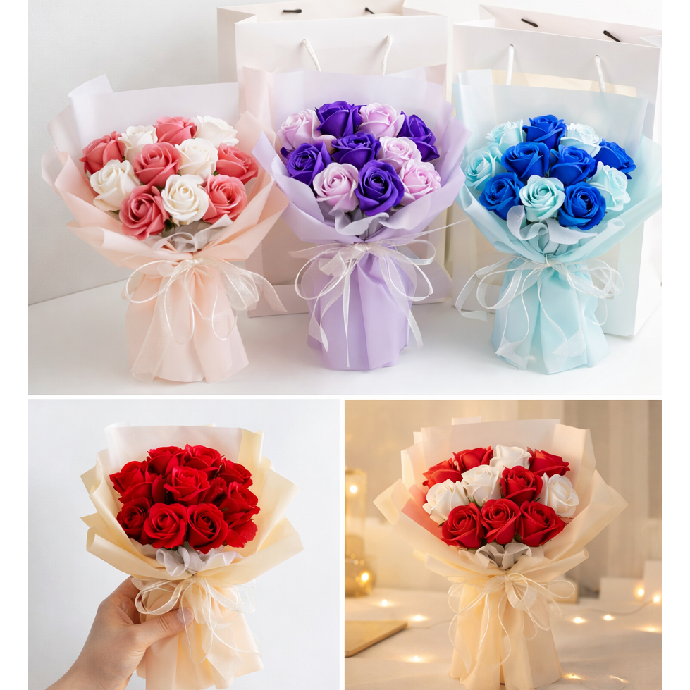 台灣現貨【香皂玫瑰花束】30cm11朵拼色花束 禮袋燈串 情人節生日告白送禮 拍照花束花禮 情人節花束 送女友 生日禮物