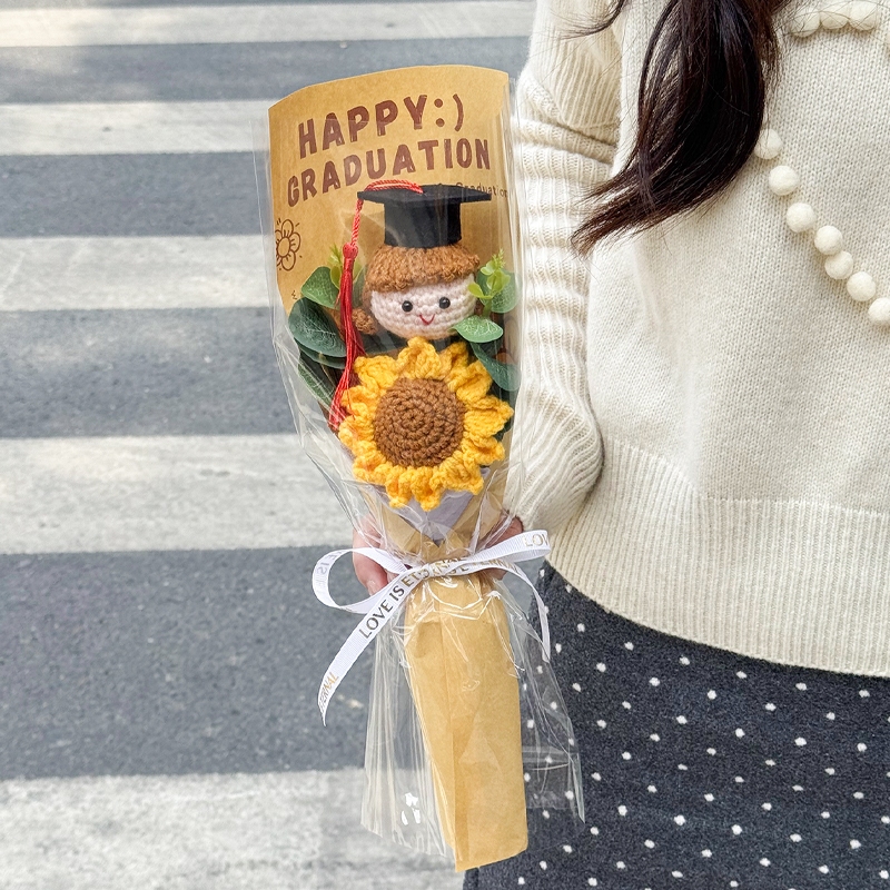 35cm向日葵＋針織畢業女孩(牛皮花袋),純花束（無提袋／無燈串）