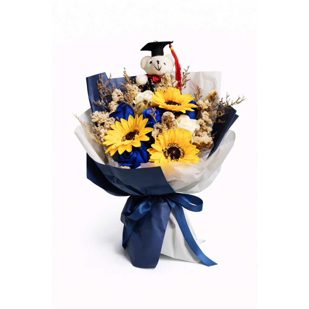 9 朵｜玫瑰向日葵＋畢業座熊（深藍玫瑰）,純花束（無提袋／無燈串）