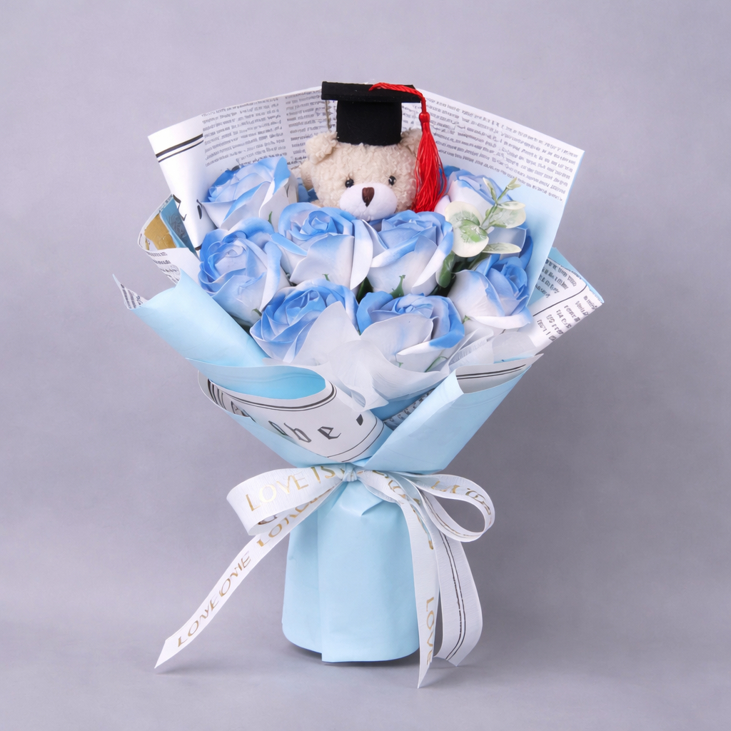 30cm8朵畢業小熊（碎冰藍）,純花束（無提袋／無燈串）