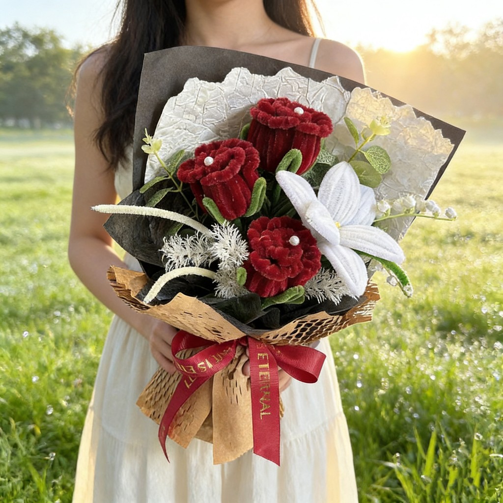 40cm扭扭棒玫瑰百合花束（大紅玫瑰）,純花束（無提袋／無燈串）