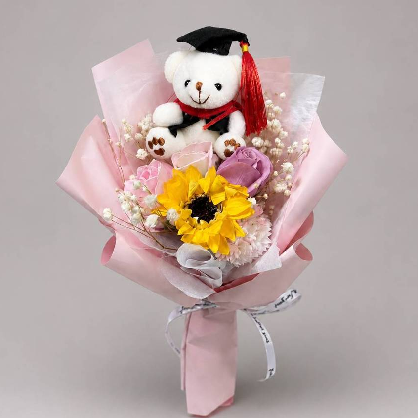 25cm5朵玫瑰向日葵＋康（粉色）,純花束（無提袋／無燈串）