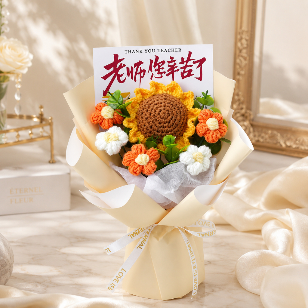 台灣現貨【康乃馨針織花束】25cm粉紫香檳康乃馨毛線花束 送老師畢業禮物 閨蜜送禮 櫥窗提袋燈串 畢業花束 生日禮物