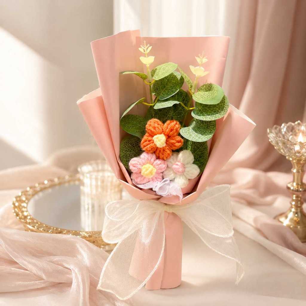 台灣現貨【30cm毛線泡芙花束】30cm毛線泡芙花束, 針織泡芙花, 毛線花束, 手工針織花禮, 粉色花束, 紫色花束
