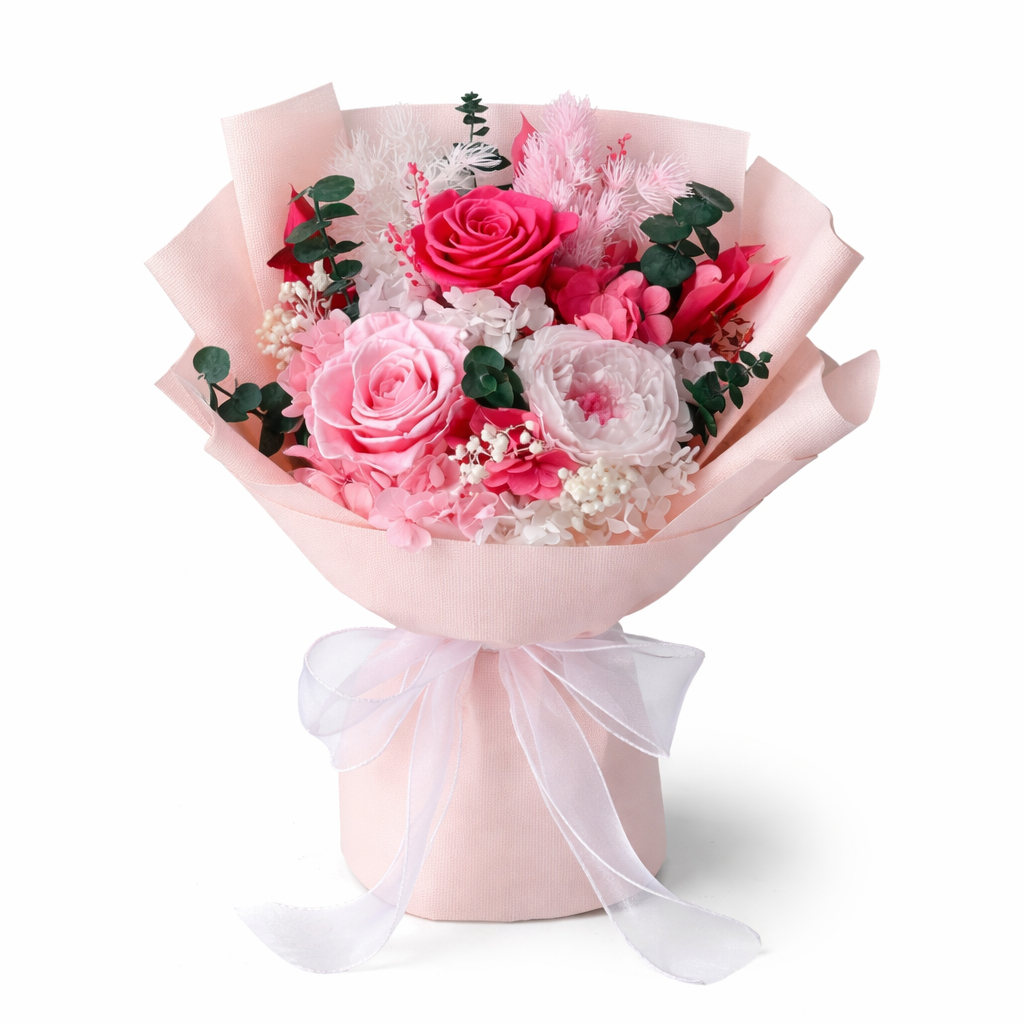 30cm3朵永生玫瑰花束（深淺粉）,純花束（無提袋／無燈串）