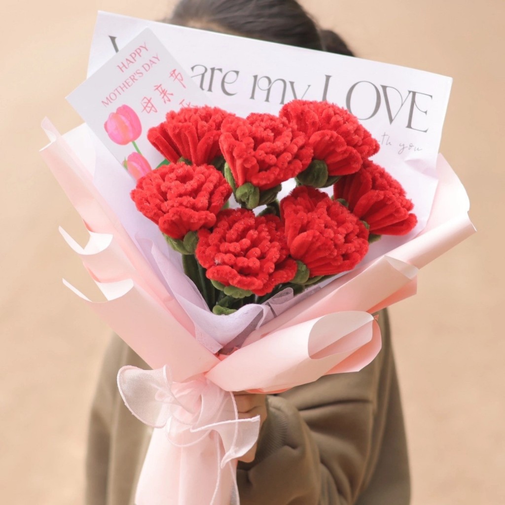 35cm7朵毛根康乃馨花束（紅色）,純花束（無提袋／無燈串）
