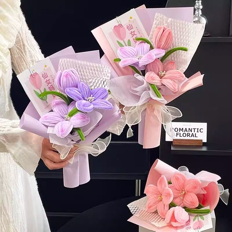台灣現貨【扭扭棒鬱金香花束】30cm粉色紫色粉紫母親節生日送禮 櫥窗提袋燈串可選 拍照打卡桌面擺飾質感花禮