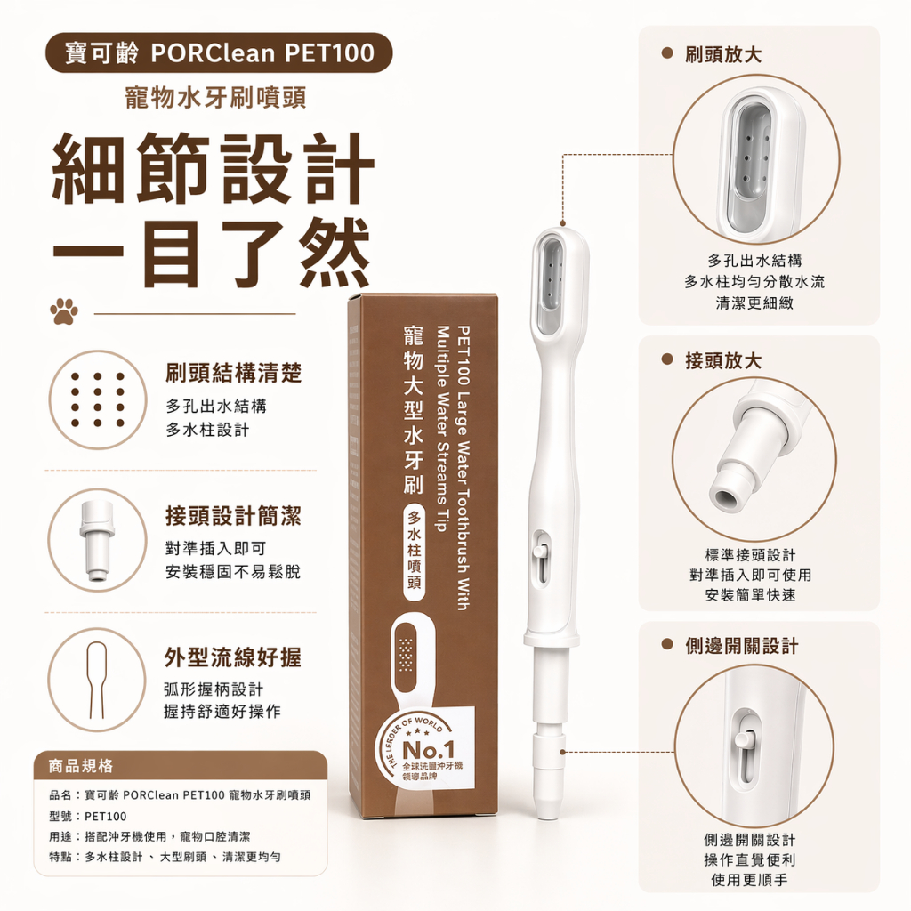 PORClean PET100 寵物水牙刷噴頭 沖牙機專用 多水柱設計 大型刷頭 口腔清潔配件