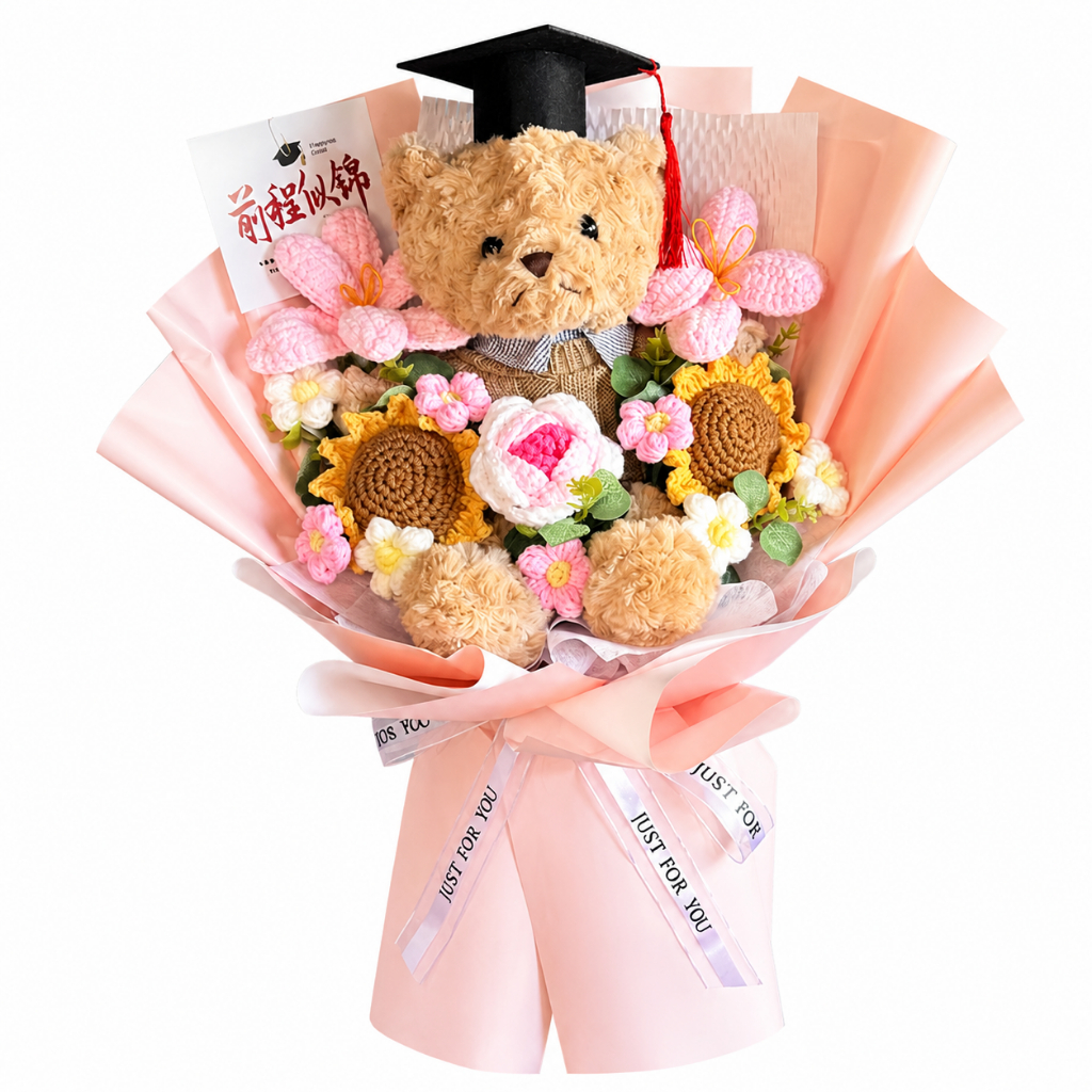 台灣現貨【畢業熊向日葵花束】50cm百合向日葵畢業季祝福花禮 粉色藍色香檳可選 典禮合照送同學老師 櫥窗提袋燈串可選