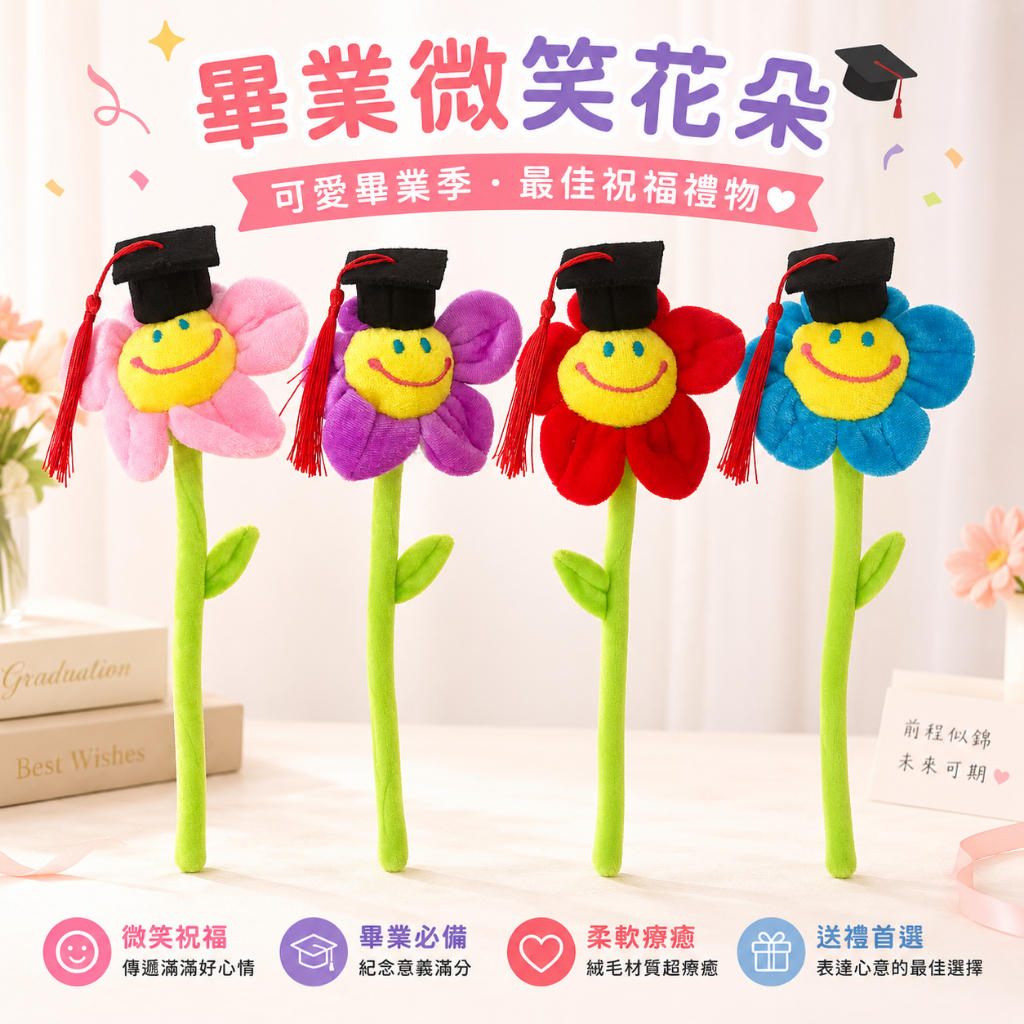 台灣現貨【畢業帽太陽花】30cm單支粉色紫色紅色藍色祝福花禮 畢業季生日送禮 拍照打卡 桌面擺飾 台灣現貨