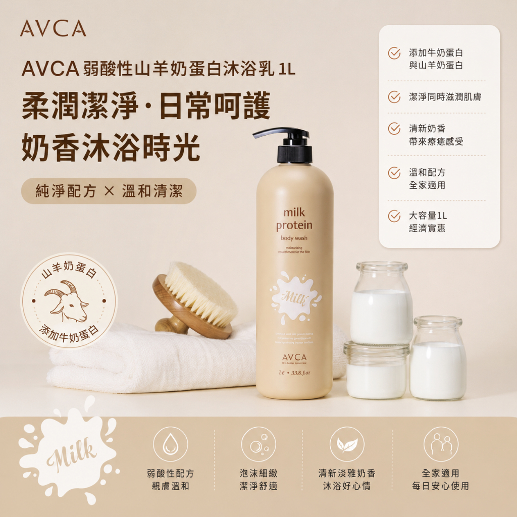 AVCA 弱酸性山羊奶蛋白沐浴乳 爽身粉香 1L