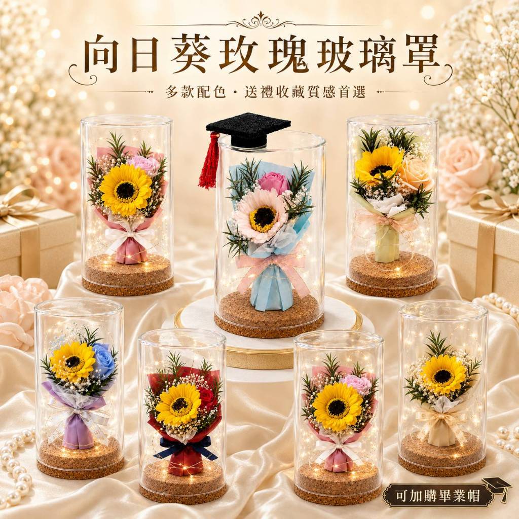 台灣現貨【向日葵玫瑰玻璃罩】10cm香皂花質感桌面花禮 香皂花玻璃罩 向日葵玻璃罩 玫瑰玻璃罩 畢業帽 拍照打卡 IG風