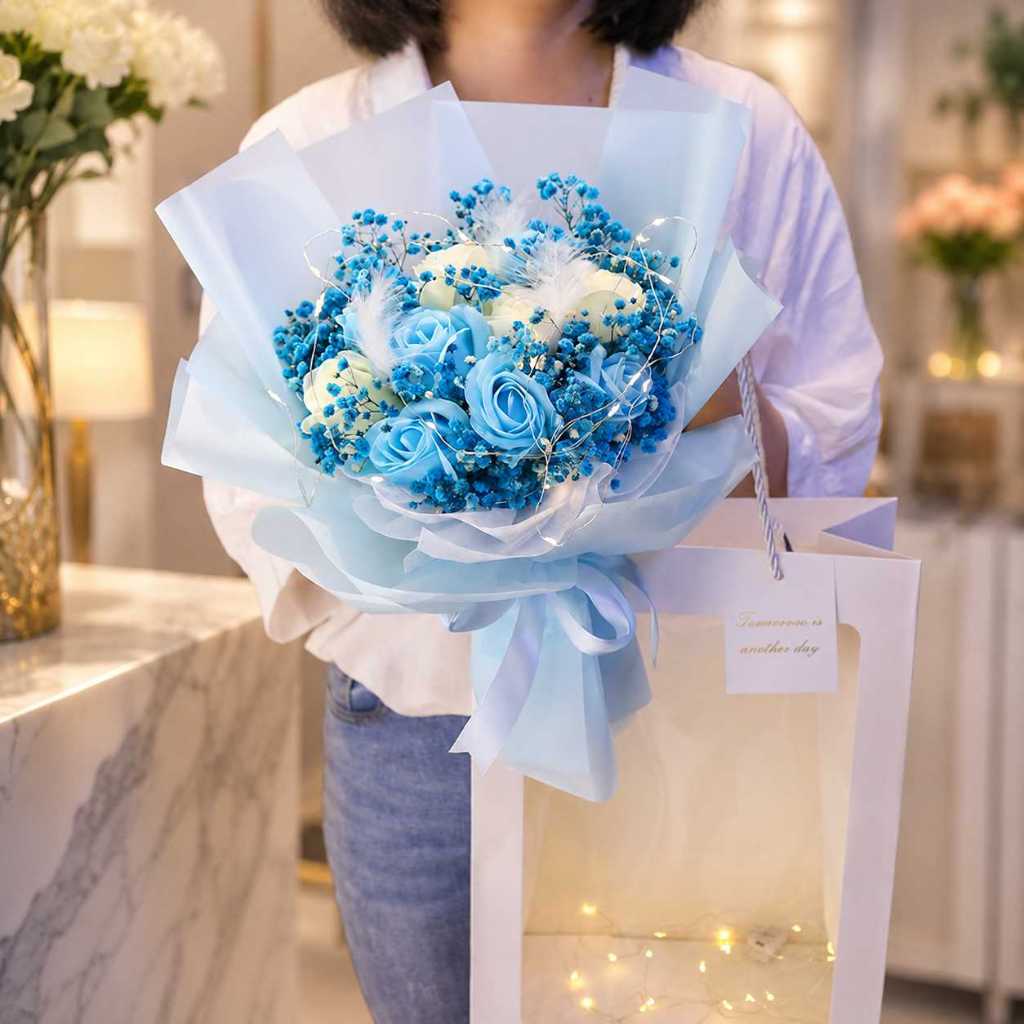 台灣現貨【9朵玫瑰花束】情人節花禮, 生日送禮, 母親節花禮, 紀念日禮物, 告白花束, 櫥窗提袋花束, LED燈串花束