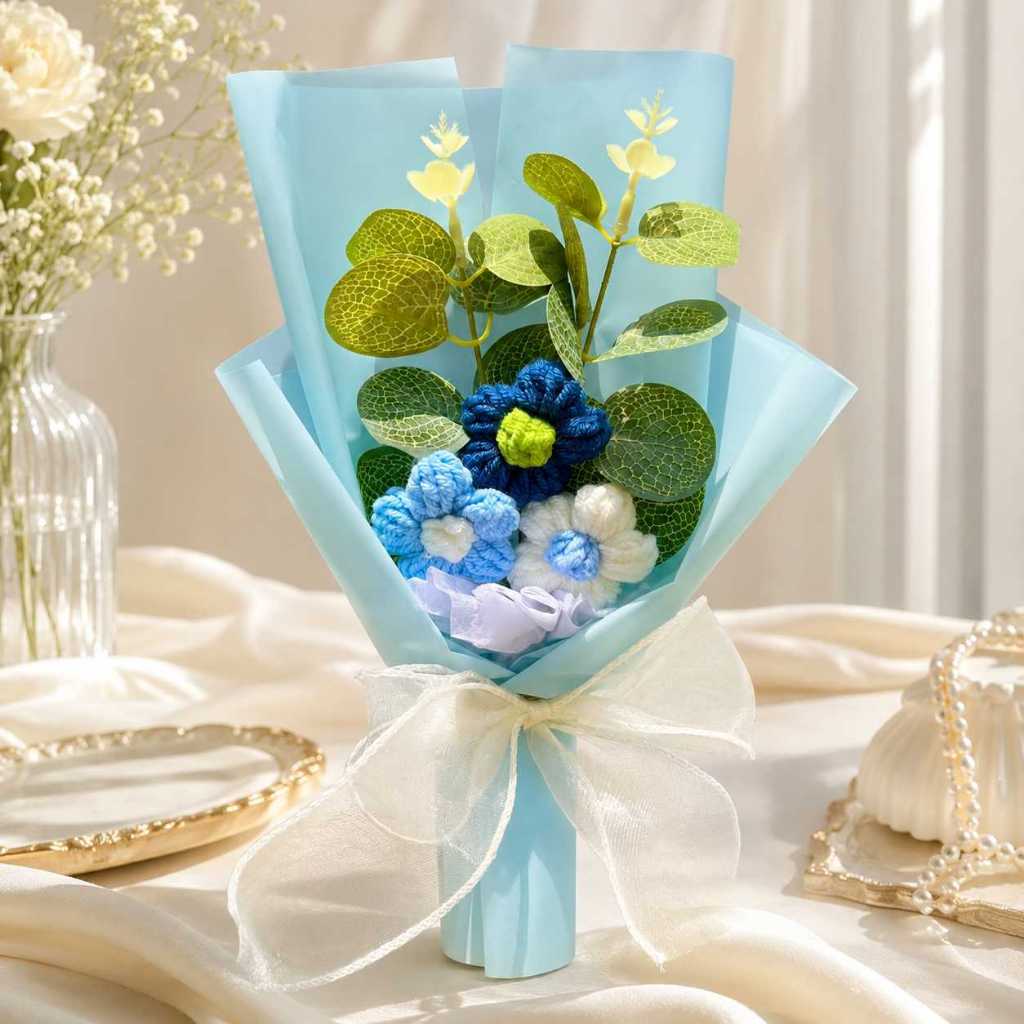 台灣現貨【30cm毛線泡芙花束】30cm毛線泡芙花束, 針織泡芙花, 毛線花束, 手工針織花禮, 粉色花束, 紫色花束