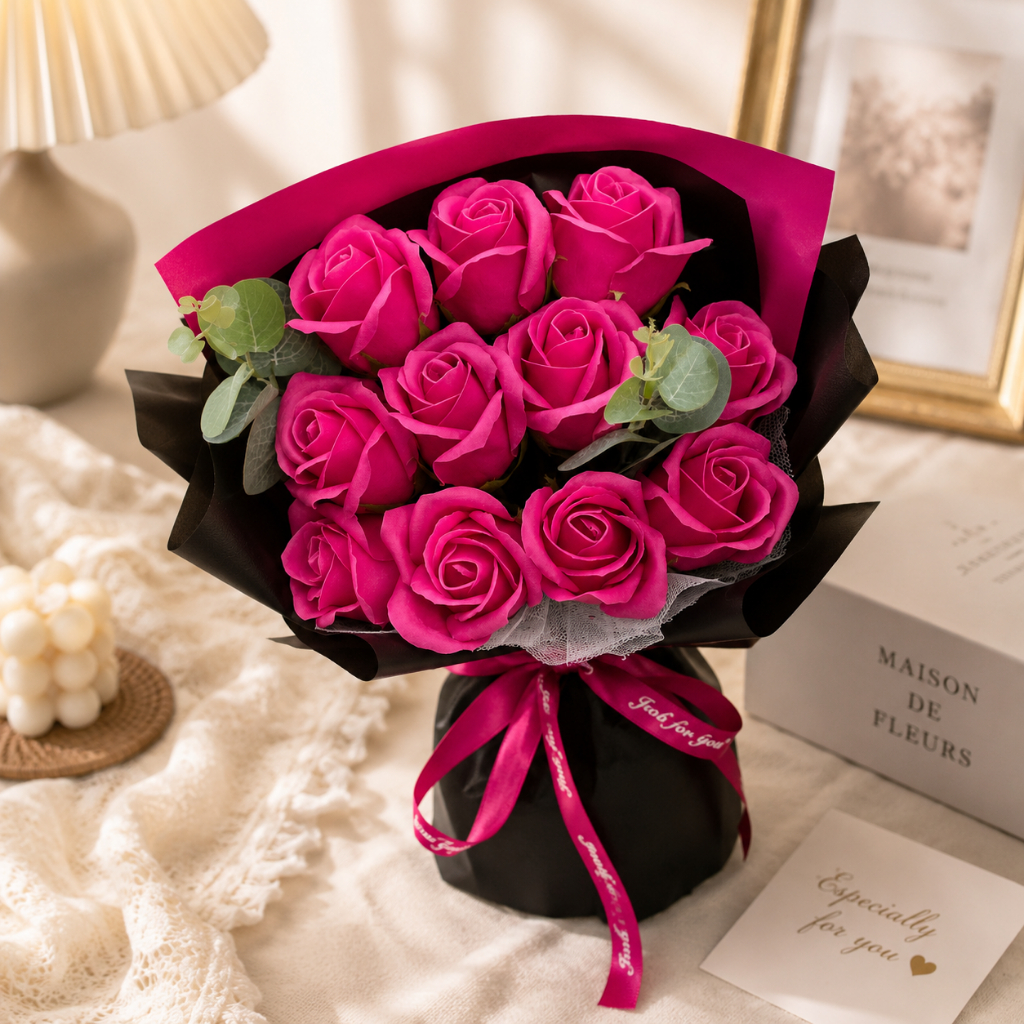 11 朵｜25cm玫紅色玫瑰花束,純花束（無提袋／無燈串）