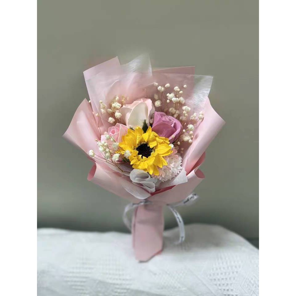 台灣現貨【向日葵香皂花束】畢業送禮告白花束 透明提袋花禮 花藝材料