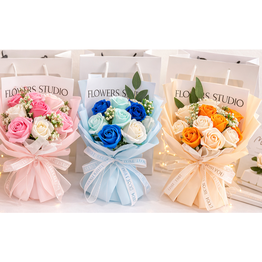 台灣現貨【拼色香皂花束】30cm畢業季告白送禮花束 禮袋燈串 生日情人節拍照花束花禮 畢業花束 謝師禮物 生日禮物