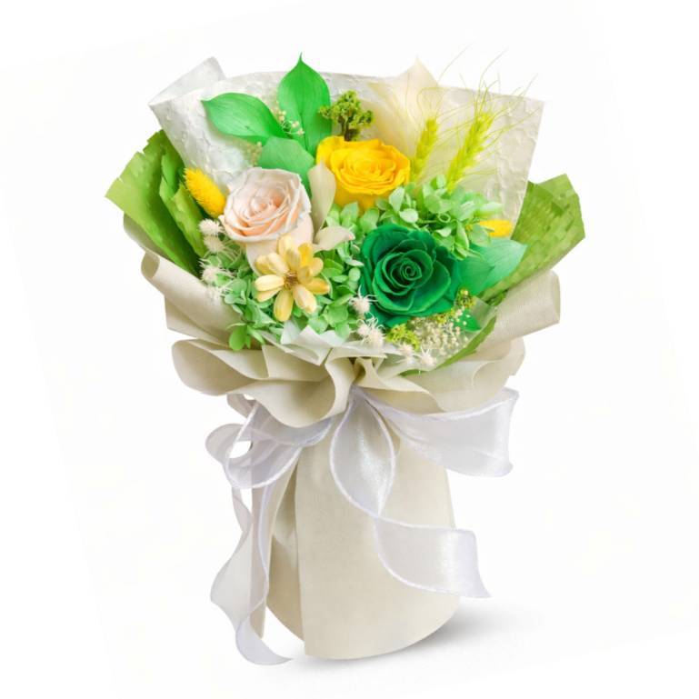30cm3朵永生玫瑰花束（春綠）,純花束（無提袋／無燈串）