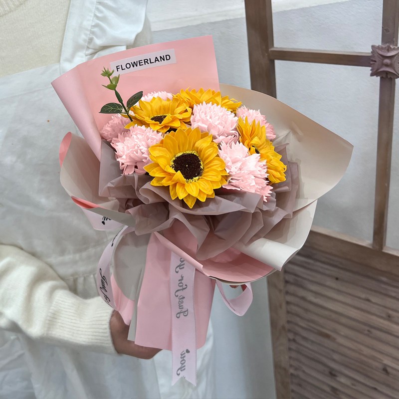 台灣現貨【康乃馨向日葵花束】35cm十朵溫柔祝福花禮 母親節生日送禮 櫥窗提袋燈串可選 拍照打卡 桌面擺飾