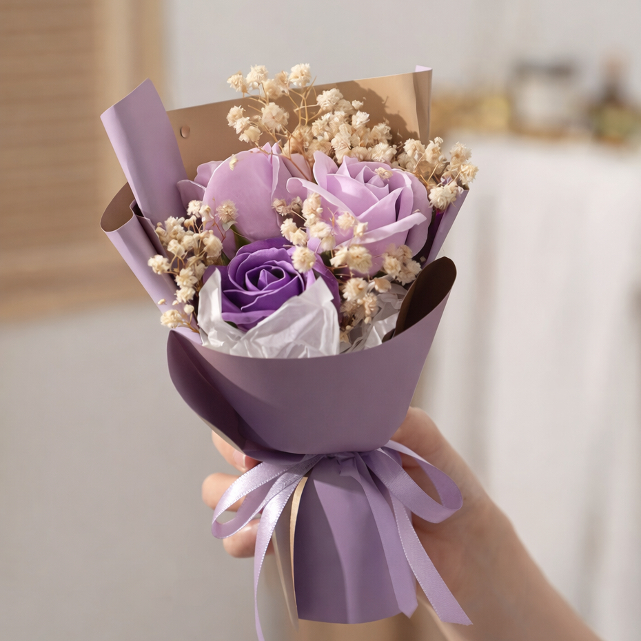 15cm3朵玫瑰滿天星花束（紫色）,純花束（無提袋／無燈串）