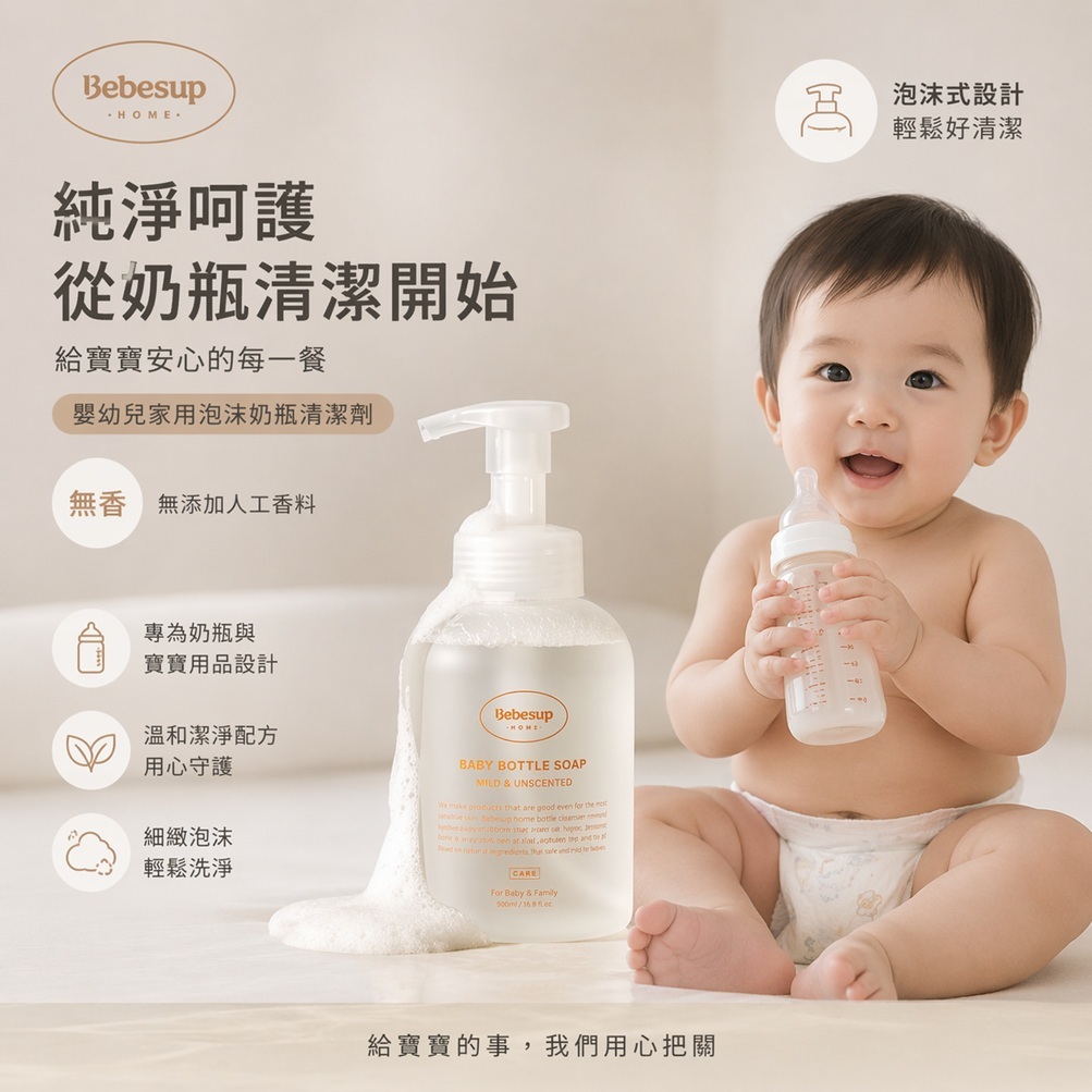 Bebesup 嬰幼兒家用泡沫奶瓶清潔劑 無香(500ml)