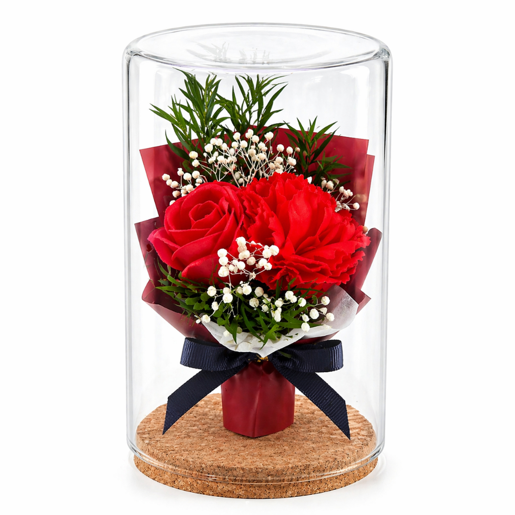 10cm香皂花玻璃罩（紅康乃馨＋紅玫瑰）,純花束（無玻璃罩／無提袋／無燈串）
