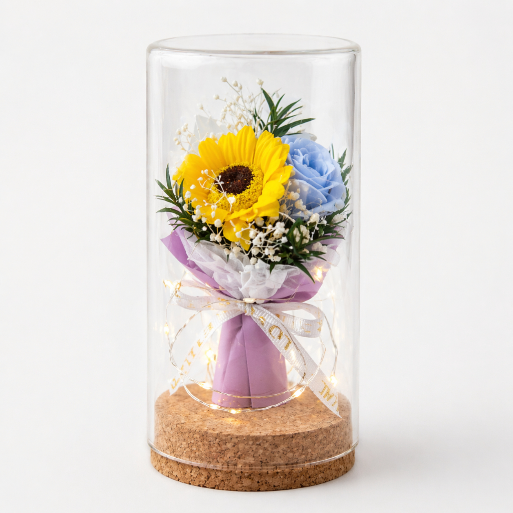 10cm香皂花玻璃罩（黃向日葵＋藍玫瑰）,純花束（無玻璃罩／無提袋／無燈串）