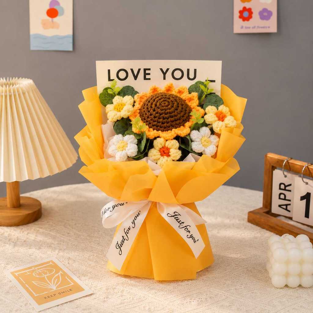 台灣現貨【25cm針織向日葵雛菊花束】針織向日葵花束, 向日葵雛菊花束, 25cm花束, 老師您辛苦了, 教師節花束