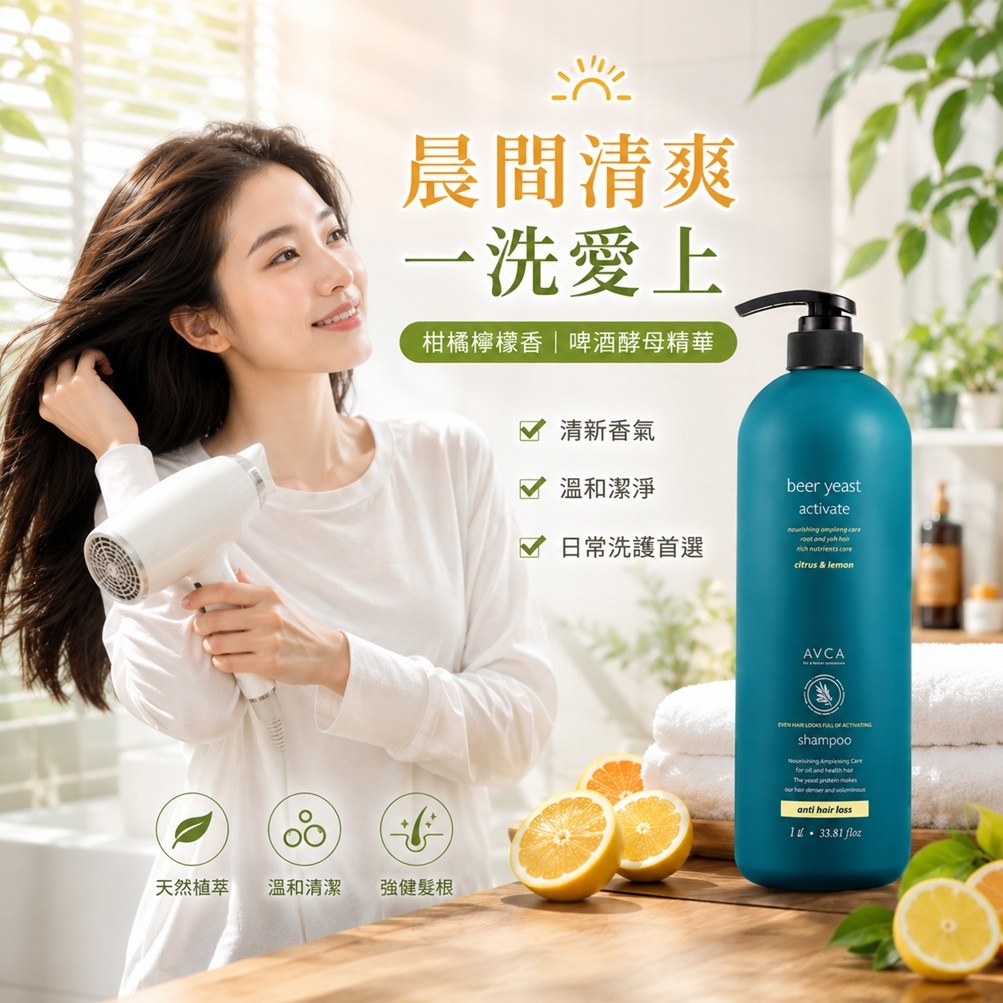 AVCA 啤酒酵母功能性洗髮精 柑橘檸檬香(1L)