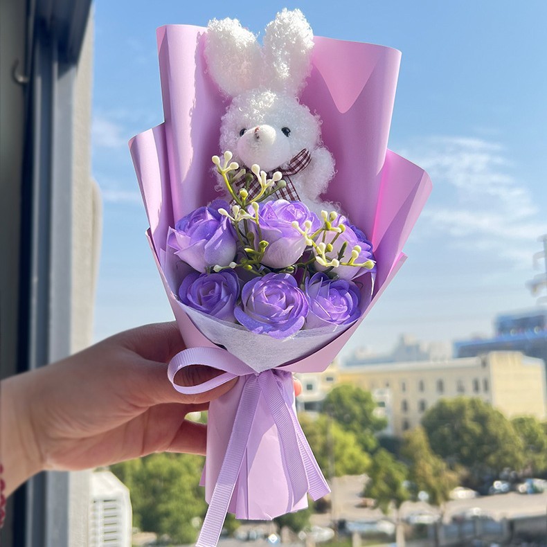 台灣現貨【20cm領結兔香皂玫瑰花束】領結兔花束, 香皂玫瑰花束, 兔子玫瑰花束, 20cm花束, 6朵香皂玫瑰, 可愛
