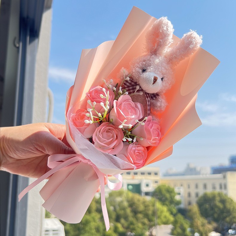 台灣現貨【20cm領結兔香皂玫瑰花束】領結兔花束, 香皂玫瑰花束, 兔子玫瑰花束, 20cm花束, 6朵香皂玫瑰, 可愛