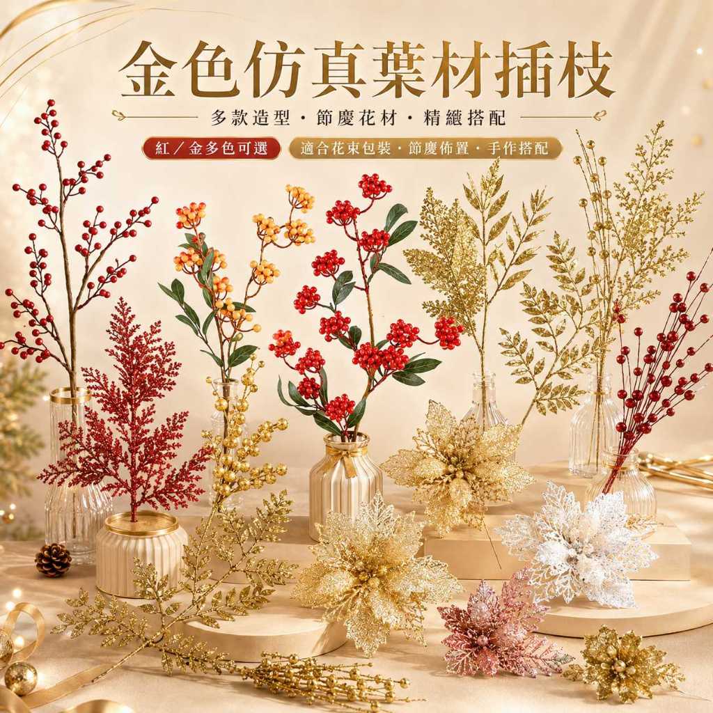 台灣現貨【金色仿真葉材插枝】金色葉材,金蔥插枝,金粉枝條,仿真冬青,松柏葉材,球草,串珠棒,節慶花藝,花圈材料,新年佈置