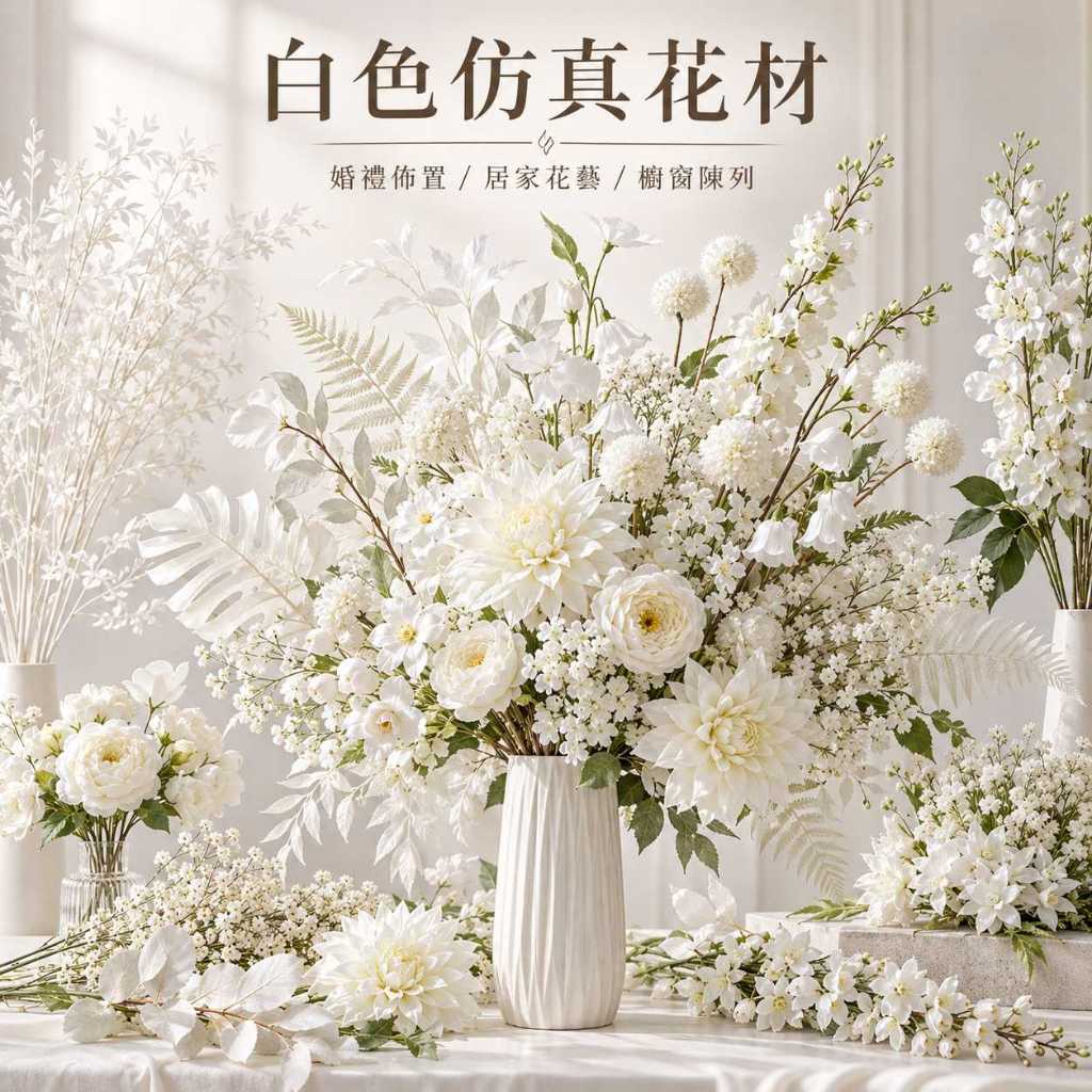 台灣現貨【白色仿真花材】白色仿真花材 純白花材 婚禮佈置 迎賓牆 背板花牆 櫥窗佈置 桌花花束 葉材藤蔓 佈景拍照