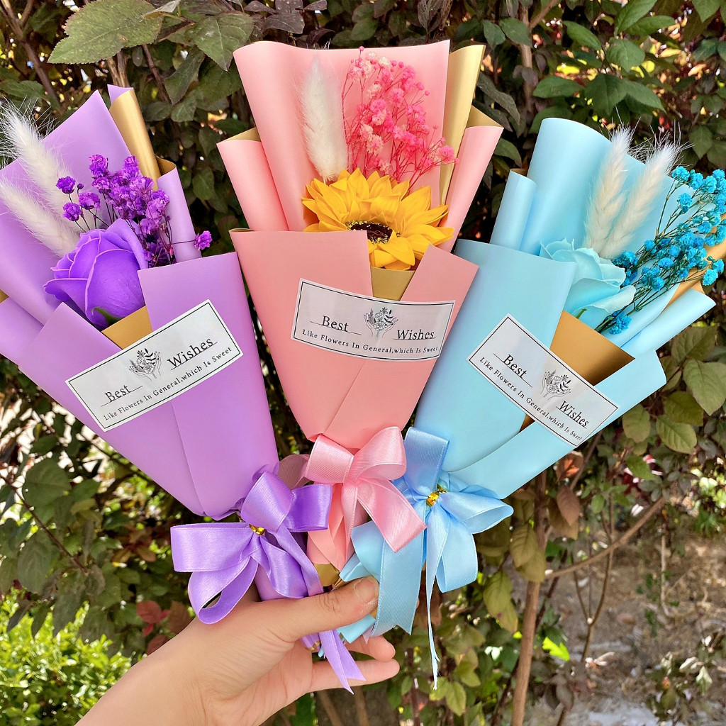 台灣現貨【單朵香皂花束】向日葵玫瑰康乃馨棉花 搭乾燥花滿天星 畢業謝師送禮拍照 畢業花束 謝師禮物 生日禮物