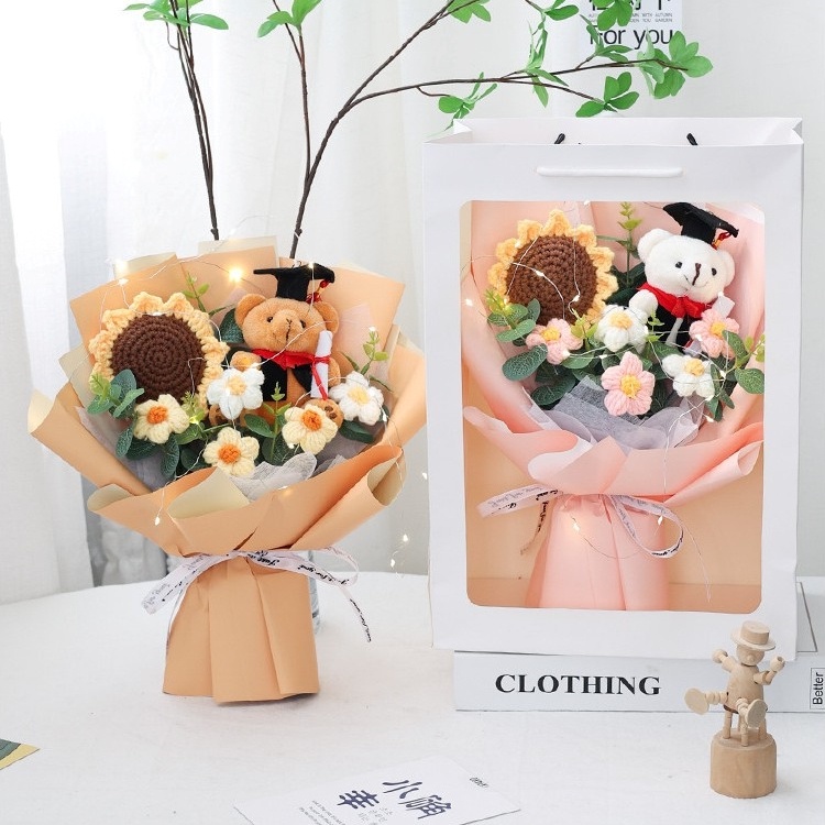 台灣現貨【針織畢業花束合集】向日葵針織花束成品 畢業熊玩偶 不凋免保養 送同學老師畢業禮物 生日禮物