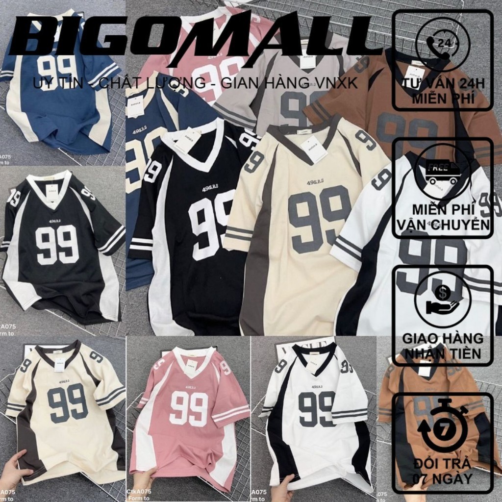 Bigomall Baseball Style Wide-Neck V-Neck T-Shirt - Men'S And Women'S T-Shirt With 99 Printed cotton Cool Month
