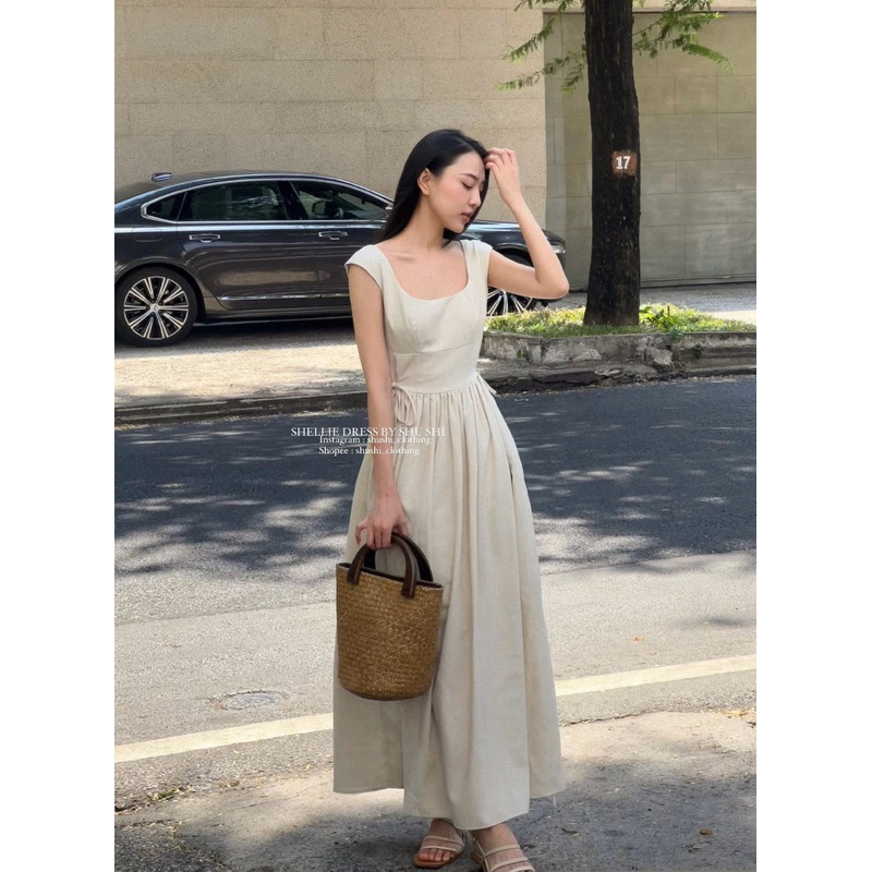 Midi绳子圆形颈部无袖亚麻连衣裙